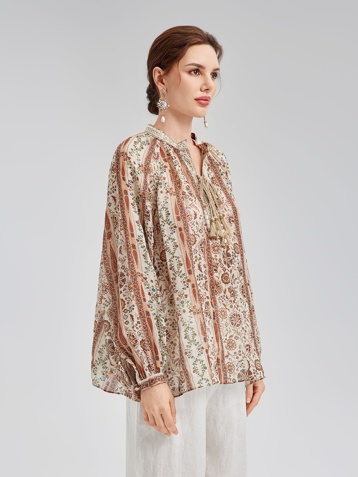 Nefes Alan Etnik Desenli Keten Görünümlü Gömlek