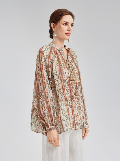 Nefes Alan Etnik Desenli Keten Görünümlü Gömlek