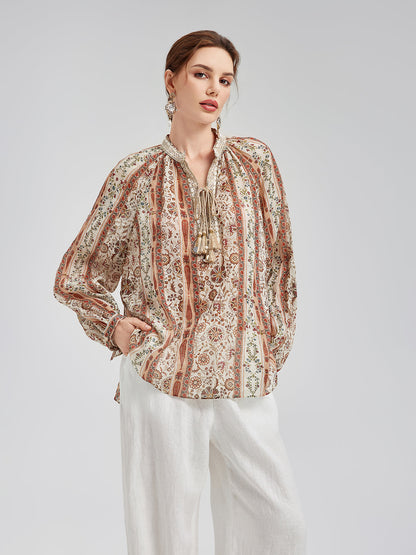 Nefes Alan Etnik Desenli Keten Görünümlü Gömlek