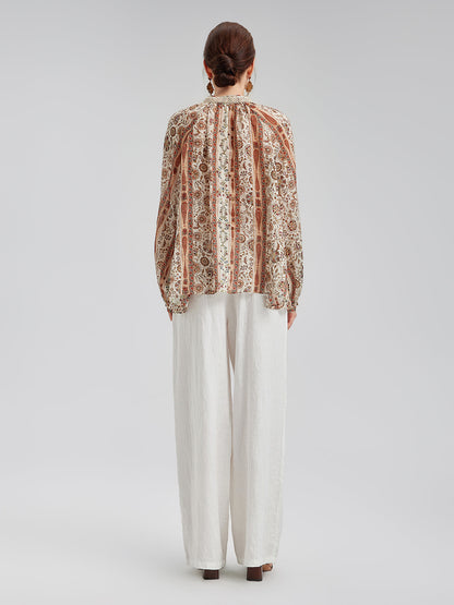 Nefes Alan Etnik Desenli Keten Görünümlü Gömlek