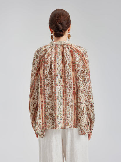 Nefes Alan Etnik Desenli Keten Görünümlü Gömlek