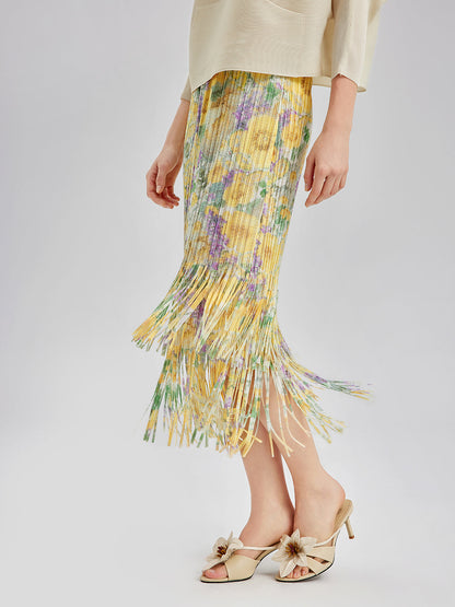 Şık Çiçekli Pileli Püsküllü Etek