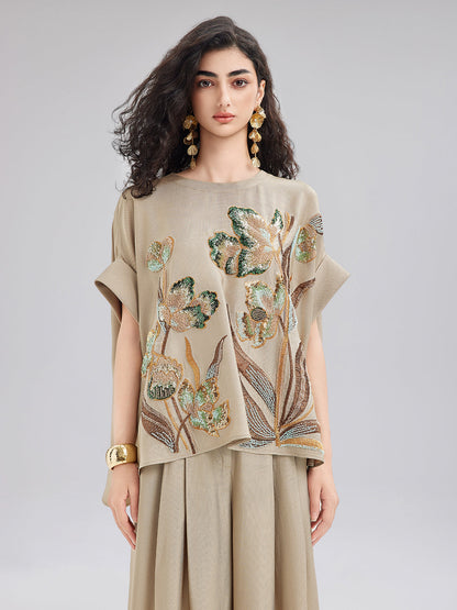 Vintage El İşlemeli Boncuklu Aplike Bluz