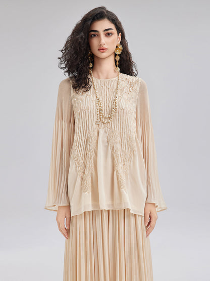 Lüks Nakışlı Pileli Uzun Kollu Bluz