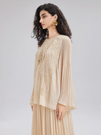 Lüks Nakışlı Pileli Uzun Kollu Bluz