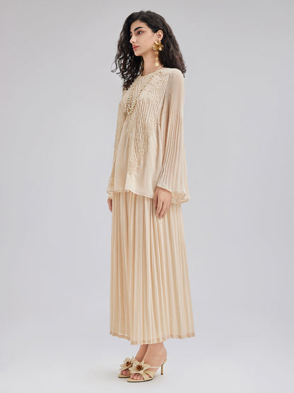 Lüks Nakışlı Pileli Uzun Kollu Bluz