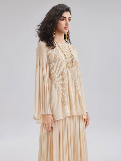 Lüks Nakışlı Pileli Uzun Kollu Bluz