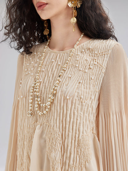 Lüks Nakışlı Pileli Uzun Kollu Bluz