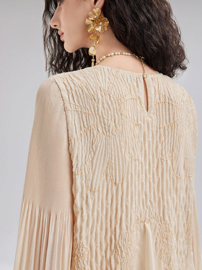 Lüks Nakışlı Pileli Uzun Kollu Bluz