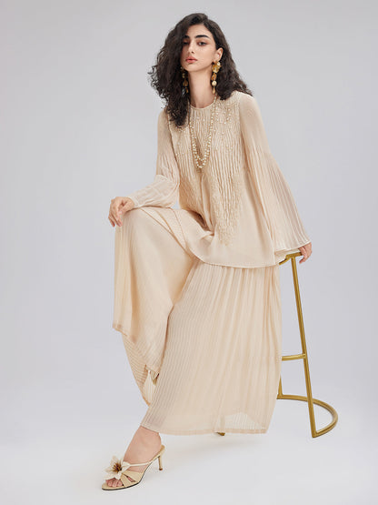 Lüks Nakışlı Pileli Uzun Kollu Bluz