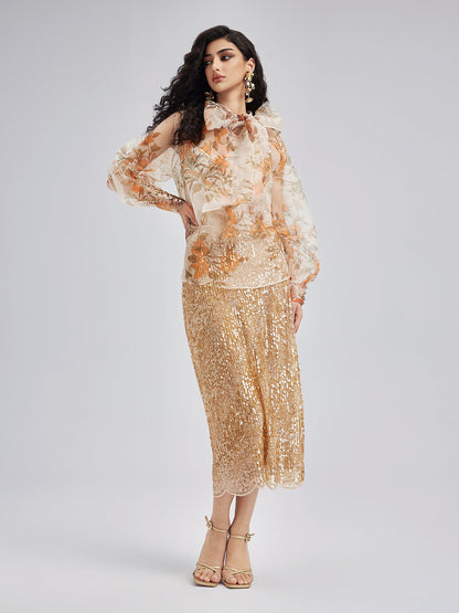 Romantik Fransız Çiçekli Organze Bluz