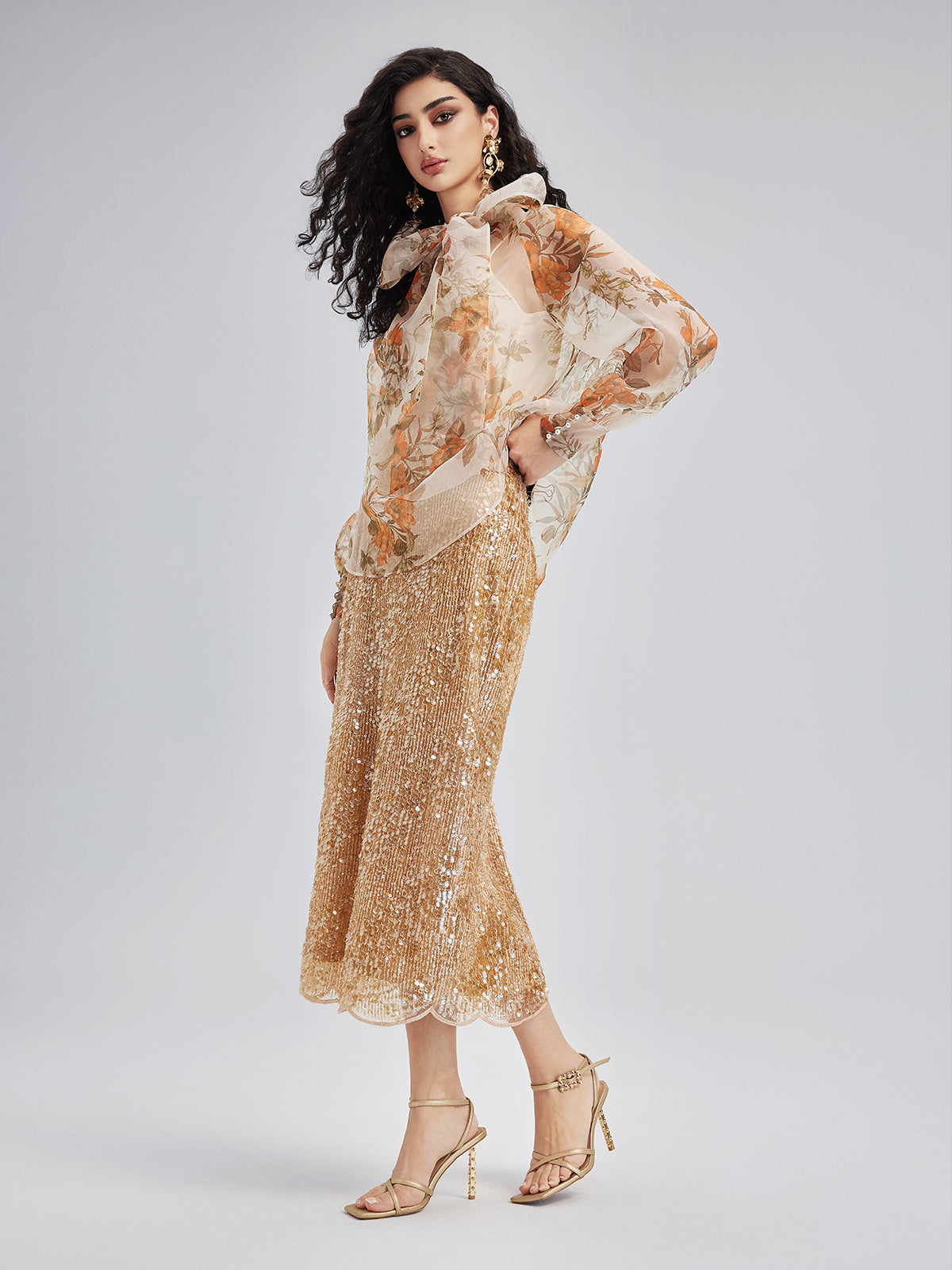 Romantik Fransız Çiçekli Organze Bluz