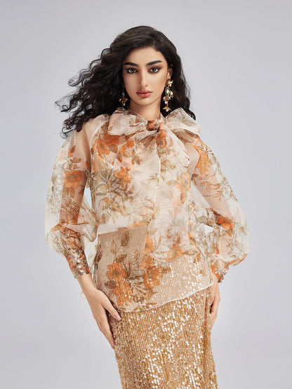 Romantik Fransız Çiçekli Organze Bluz