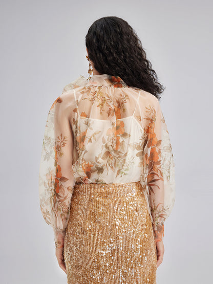 Romantik Fransız Çiçekli Organze Bluz