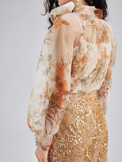 Romantik Fransız Çiçekli Organze Bluz