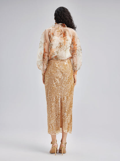 Romantik Fransız Çiçekli Organze Bluz