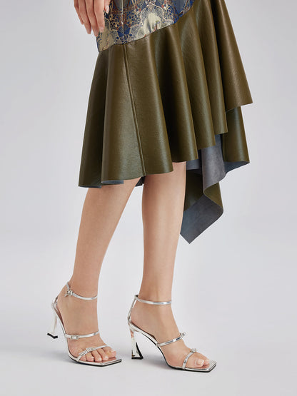 Lüks Brokar Deri Parçalı Etek