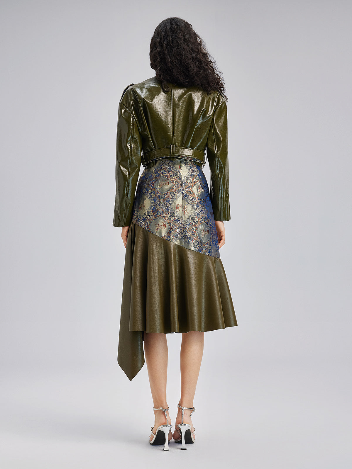 Lüks Brokar Deri Parçalı Etek