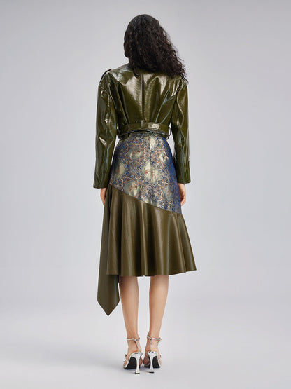 Lüks Brokar Deri Parçalı Etek