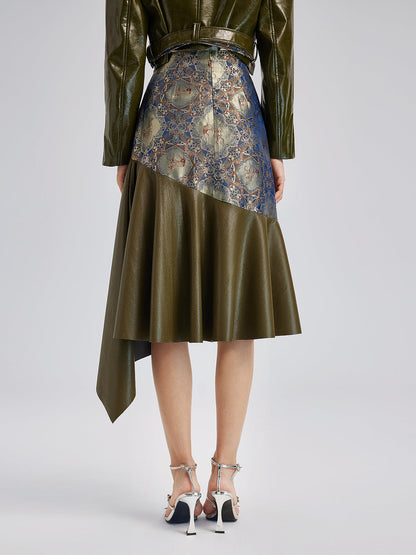 Lüks Brokar Deri Parçalı Etek