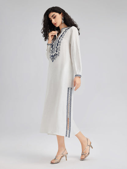 Fransız Keten Görünümlü Blok Renkli Nakışlı Elbise