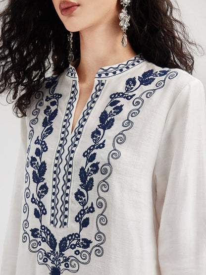 Fransız Keten Görünümlü Blok Renkli Nakışlı Elbise