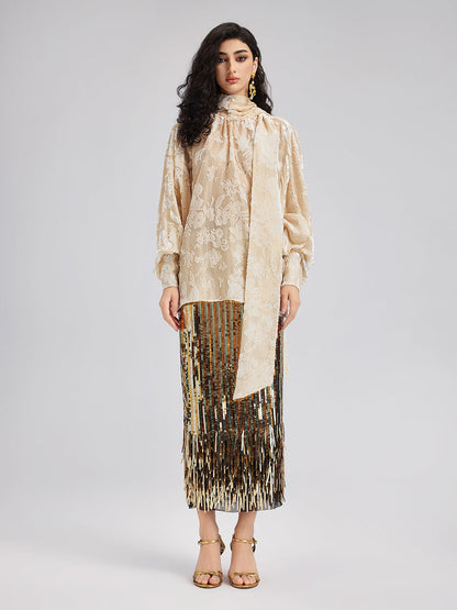 İpek Yakma Kadife Bağlamalı Yaka Bluz