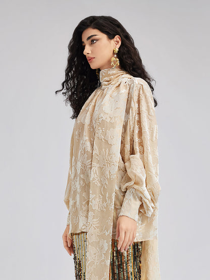 İpek Yakma Kadife Bağlamalı Yaka Bluz