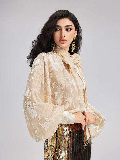 İpek Yakma Kadife Bağlamalı Yaka Bluz