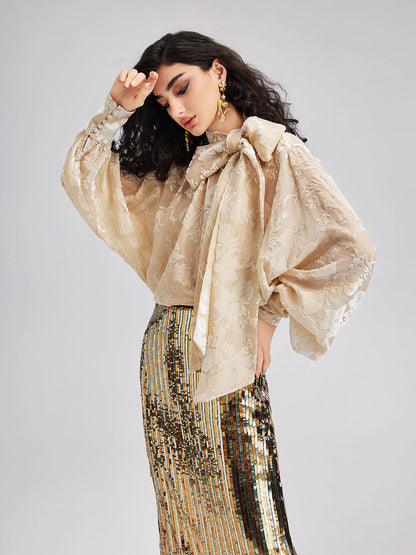 İpek Yakma Kadife Bağlamalı Yaka Bluz