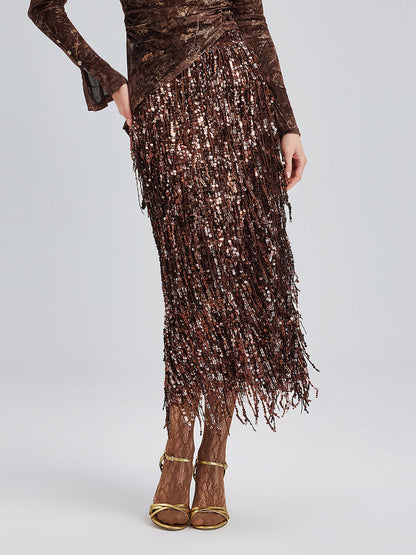 Püsküllü Pullu Midi Etek