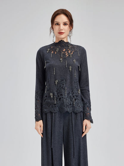 Merinos Yünü Dantel Boncuklu Triko Bluz