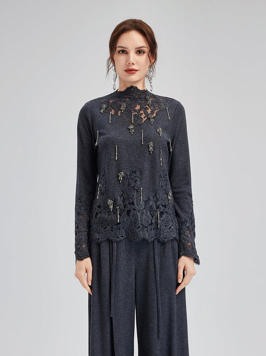 Merinos Yünü Dantel Boncuklu Triko Bluz