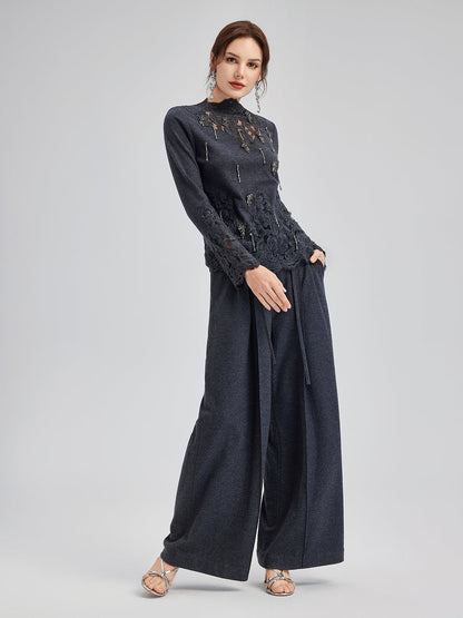 Merinos Yünü Dantel Boncuklu Triko Bluz