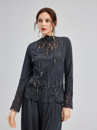 Merinos Yünü Dantel Boncuklu Triko Bluz