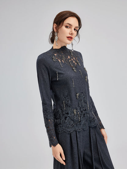 Merinos Yünü Dantel Boncuklu Triko Bluz