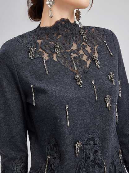 Merinos Yünü Dantel Boncuklu Triko Bluz