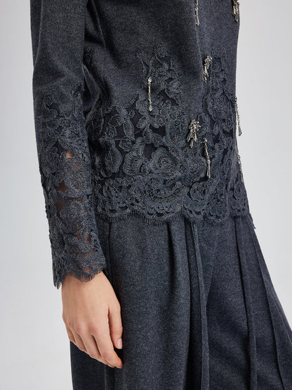 Merinos Yünü Dantel Boncuklu Triko Bluz