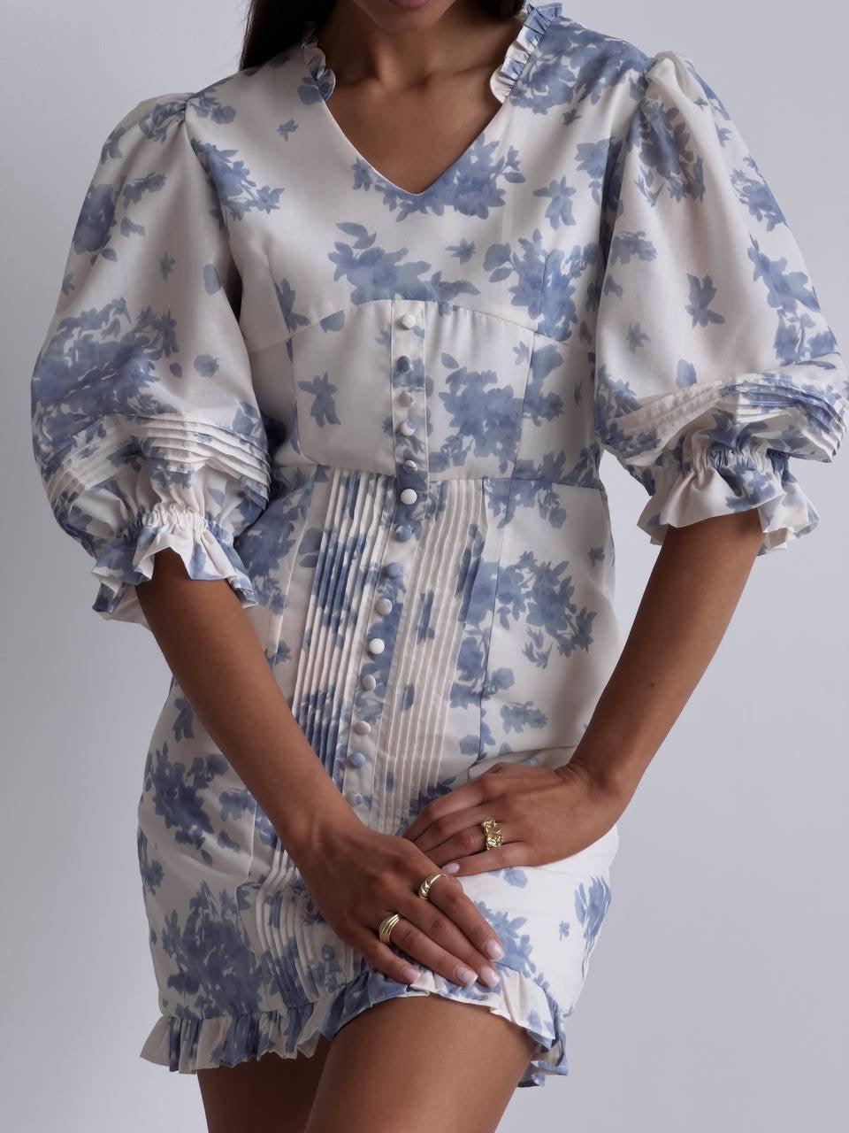 Çiçek Desenli Balon Kol Mini Elbise