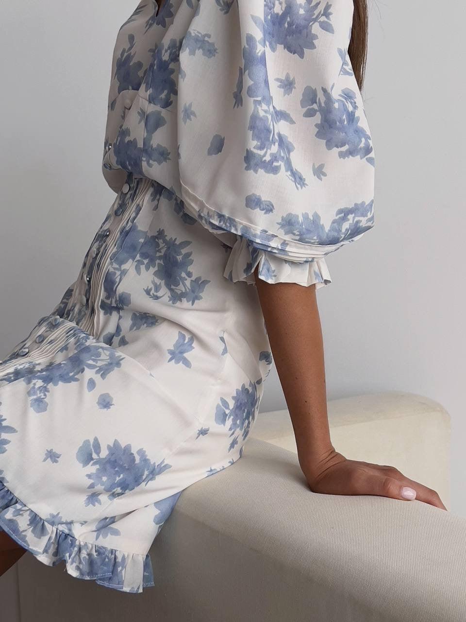 Çiçek Desenli Balon Kol Mini Elbise