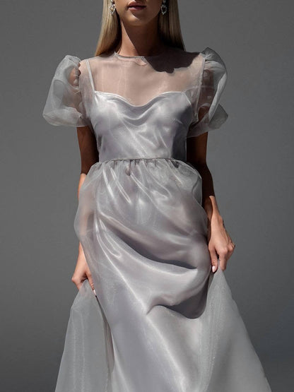 Zarif Gri Tül Detaylı Midi Elbise