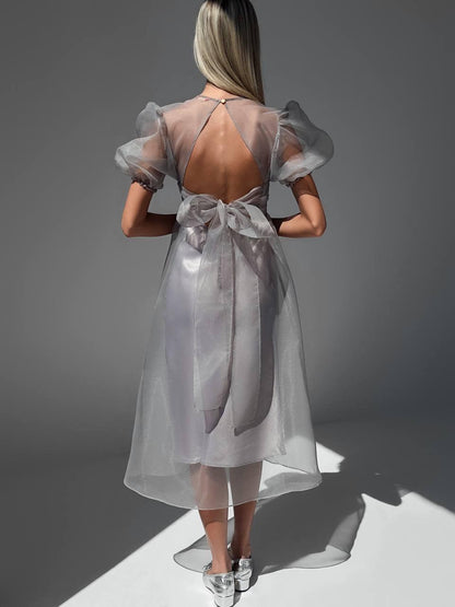 Zarif Gri Tül Detaylı Midi Elbise