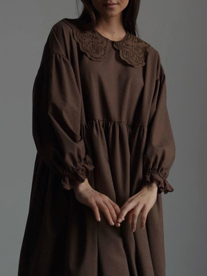 Dantel Detaylı Kahverengi Bohem Maxi Elbise