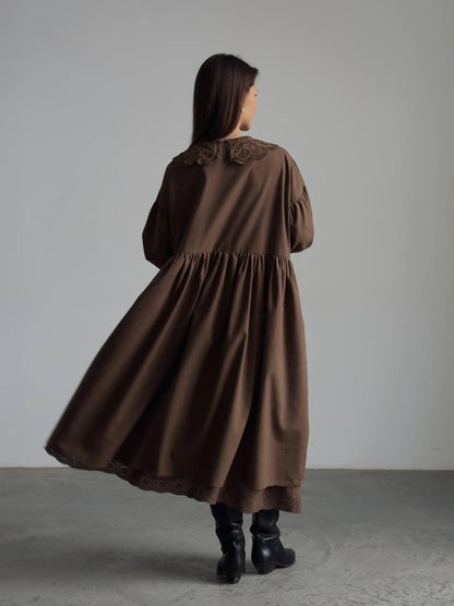 Dantel Detaylı Kahverengi Bohem Maxi Elbise