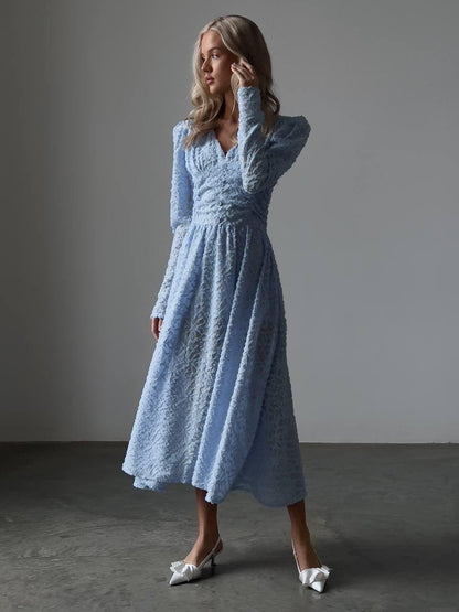 Blush Elegance Dokulu Mavi Midi Elbise