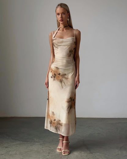 Çiçek Desenli İp Askılı Midi Elbise