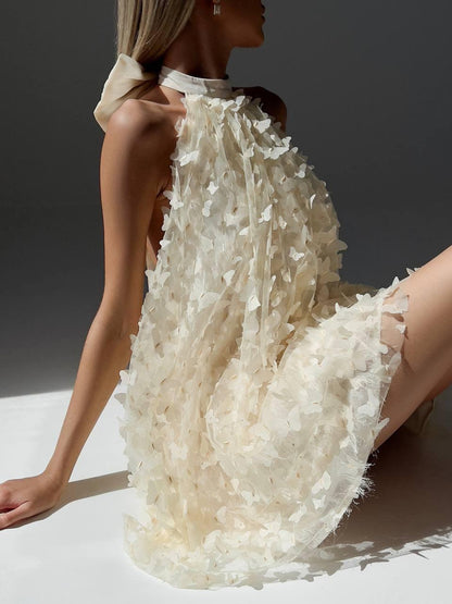 Kelebek Aplike Detaylı Zarif Halter Elbise