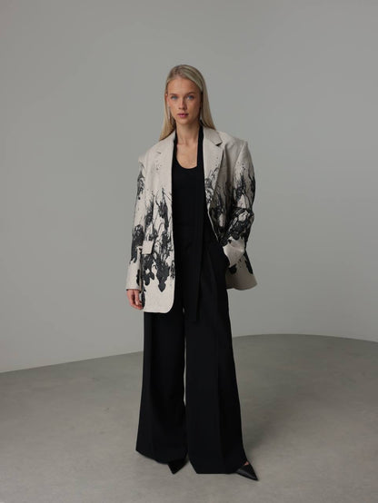 Desenli Gri Oversize Ceket