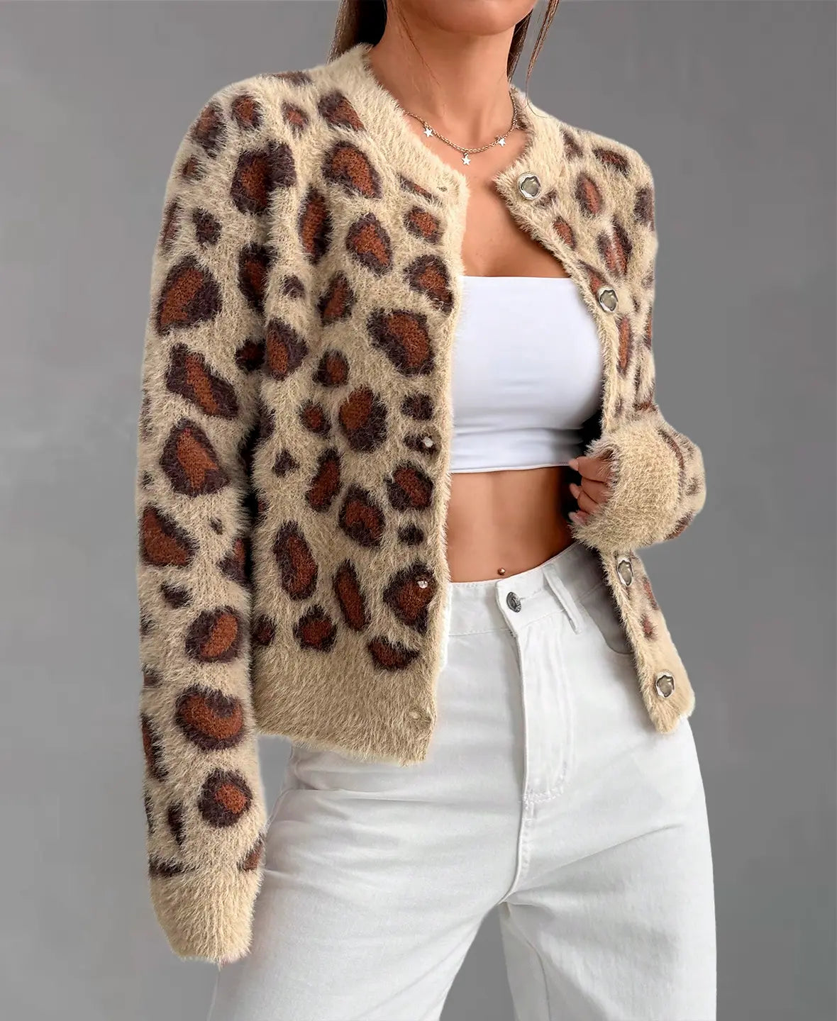 Leopar Desenli Tüylü Triko Hırka