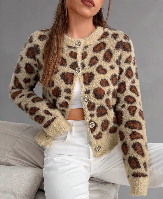 Leopar Desenli Tüylü Triko Hırka